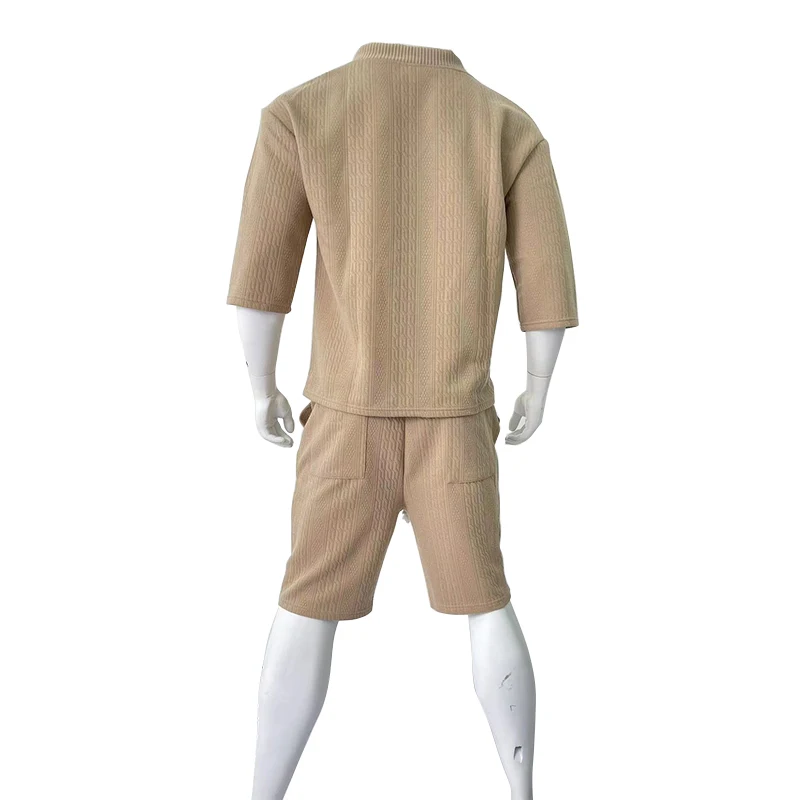 Summer Solid Shorts Suit for Men Simple Loose V-neck T-shirts and Drawstring Shorts 2 Pcs Sets Casual Soft Jacquard Tracksuit