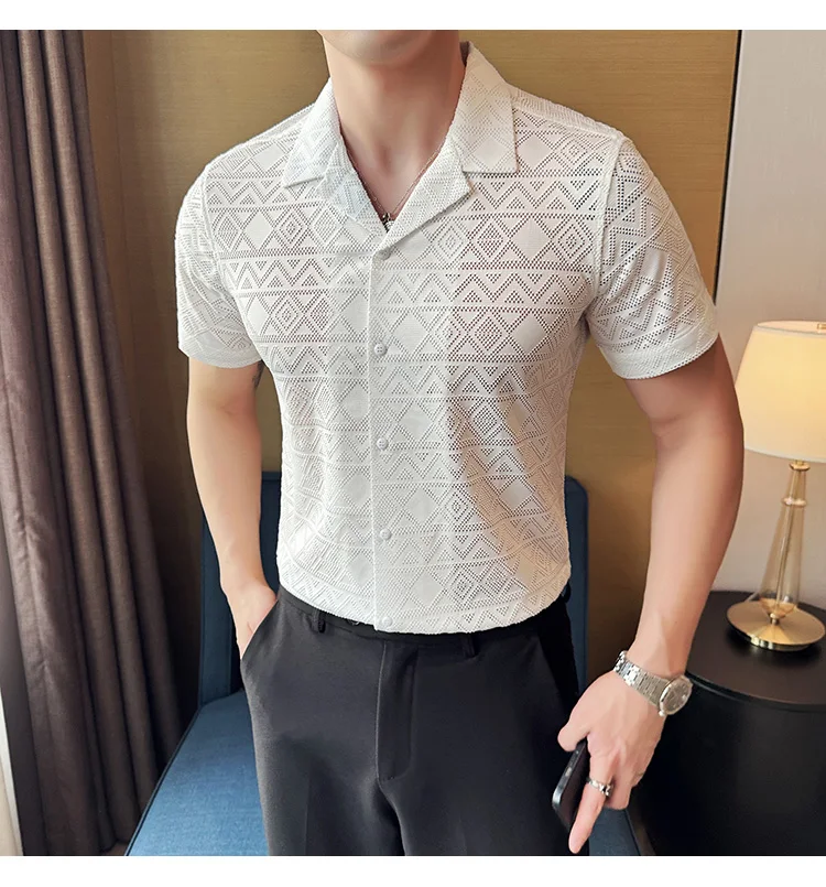 Spring/Summer Short Sleeved Shirt for Men Tailored Collar Lace Shirt Fashion Nightclub Social Party Tuxedo Blouse Streetwear