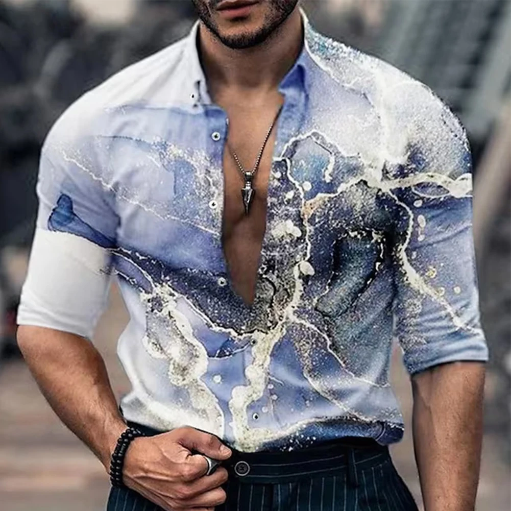 

2023 Hot Sale Tops Long Sleeve Personalized Print Shirt Slim Fit Vintage Youth Clothes Button Down Dress Shirts