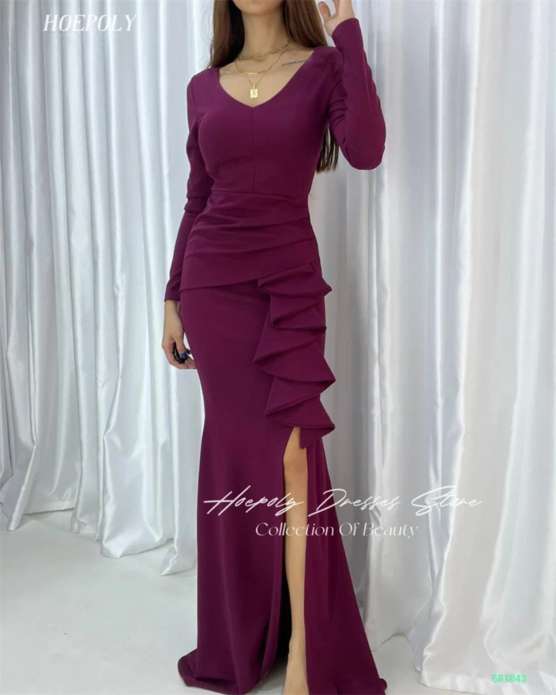 

Hoepoly V Neckline Prom Dress Split Ruffle Tight Floor-Length With Long Sleeves Evening Summer Party Dress For Women2023