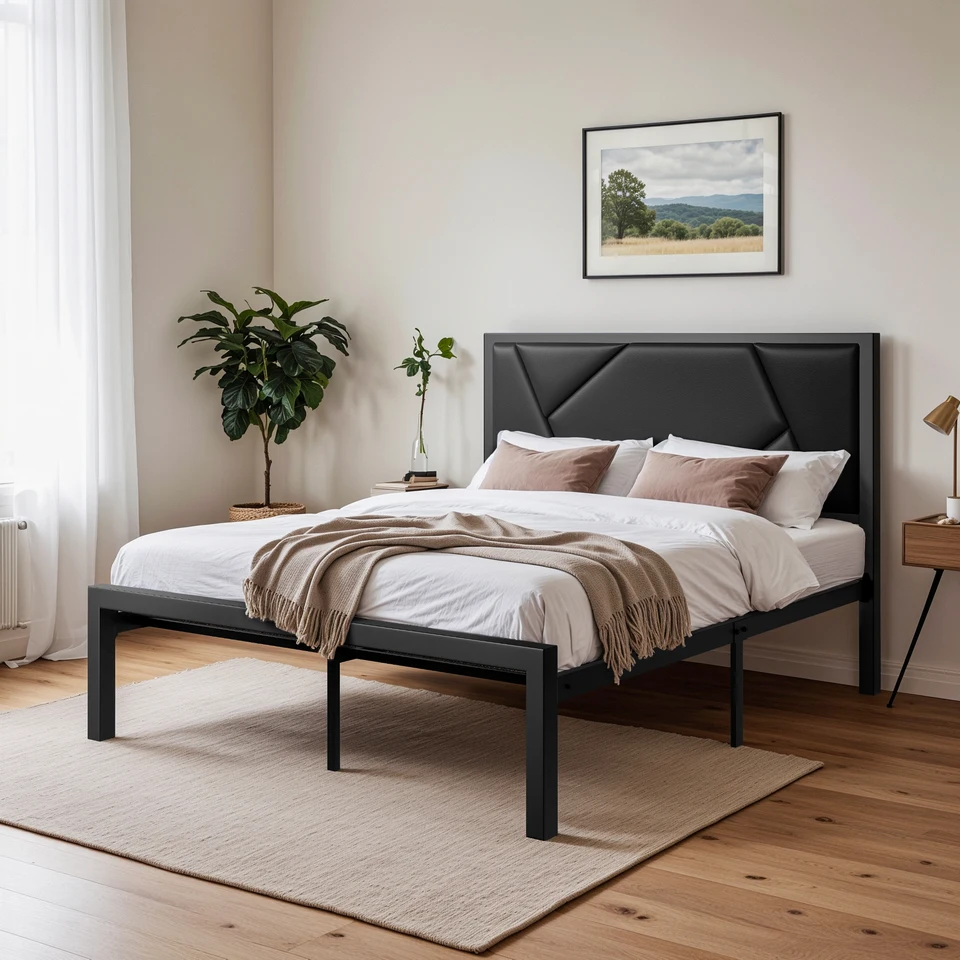 Elegant Upholstered Metal Bed Frame with Headboard