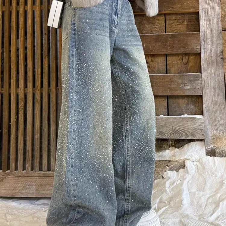 Jeans rétro de style américain de haute qualité, taille plus, entièrement ornés de strass, pour femmes, pantalon long tendance avec un design original