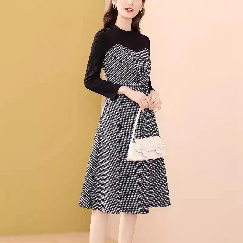 

Autumn Winter Plaid Dress Women Fashion Long Sleeve Half High Collar Patchwork Knitted Midi Dress Ladies Work Party Dresses