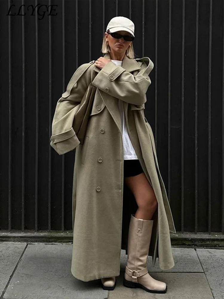 Elegant Women's Woolen Overcoat With Belt Street Lapel Double Breasted Full Sleeve Long Coat 2024 Autumn Lady Loose Outwear New 3