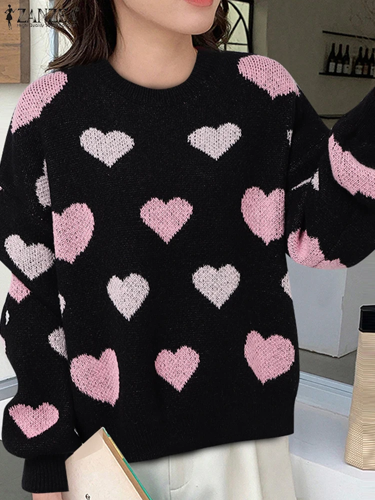 Polyester Long Sleeve Heart Print Sweater for Women