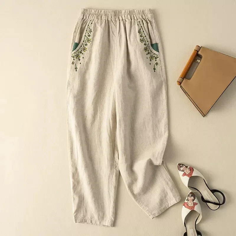 

New Summer Vintage Flower Embroidered Women Harem Pants Oversized Elastic Waist Casual Cotton Blends Ankle-Length Trousers A106