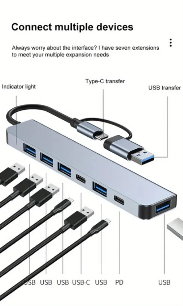7 Ports USB3.0 Type C Hub 7 in 2 Concentrator Docking Station U Disk Card Reader PD Fast Charge for MacBook Laptops PC Computer