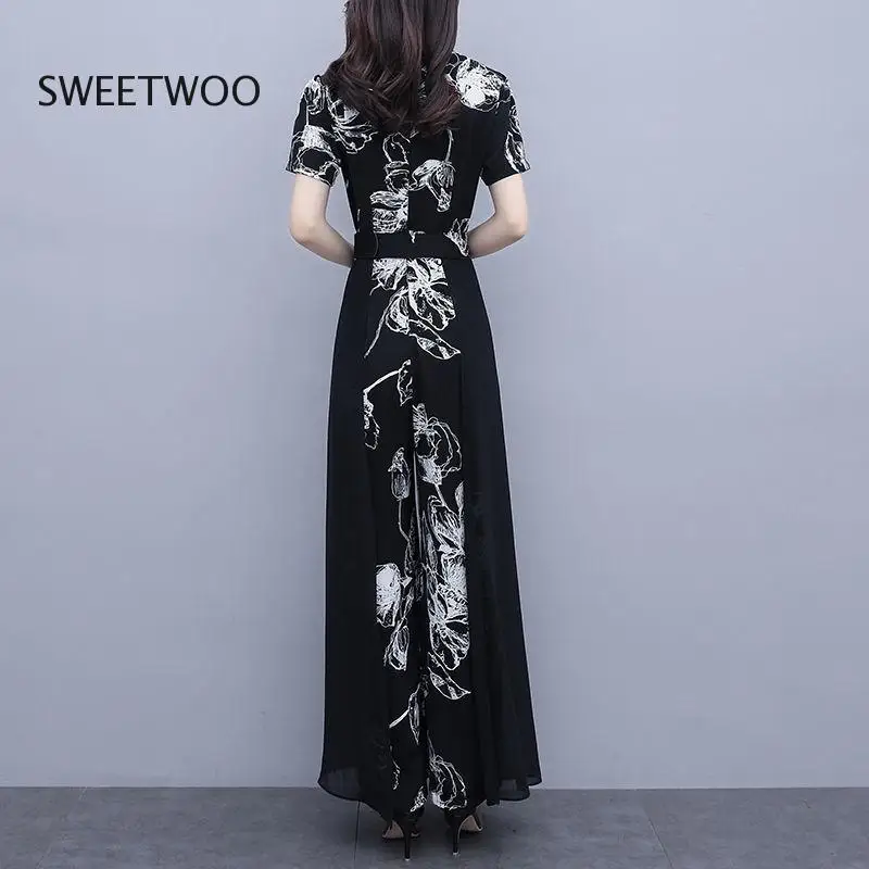Fashion Casual Jumpsuit V-Neck Women Elegance 2022 Summer New Print Bodysuit High Waist Wide Leg Pants Ladies Playsuit Romper