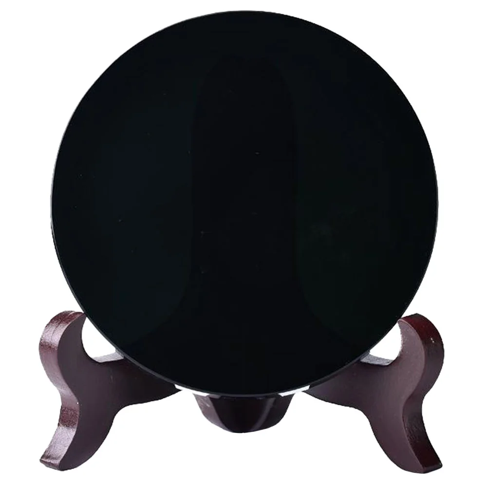 Fomiyes Black Obsidian Stone Mirror Natural Circle Disc Round Plate Feng Shui Mirror Stand Obsidian Scrying Mirror Yoga Energy