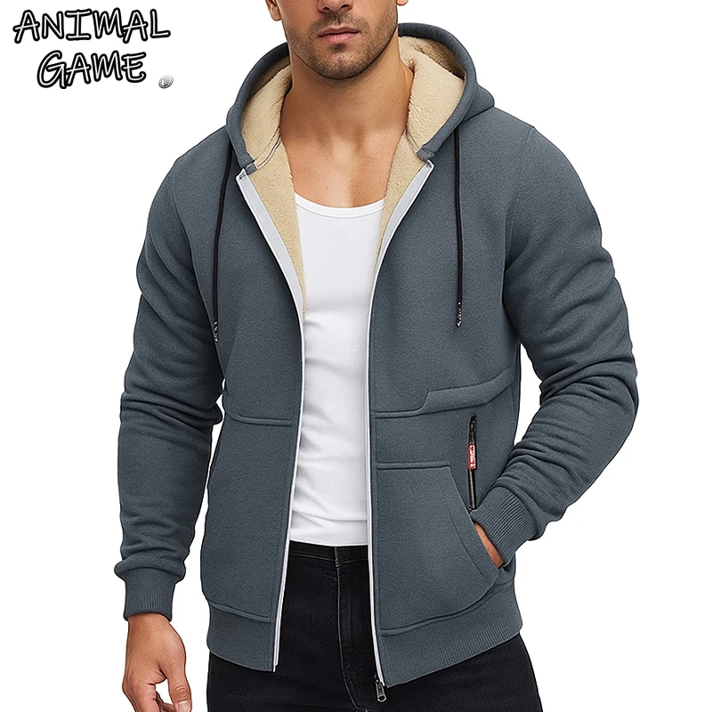 Animal Game Men's Workout Zip Up Sherpa Lined Hoodie Jackets Thick Fleece Heavyweight Coats Windproof Thermal Hooded Sweatshirt