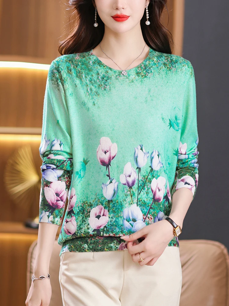 

Floral Print Sweaters Autumn Spring Soft O Neck Knitwears Pullover Pull Femme Female Casual Jumper Long Sleeve Women's Sweater