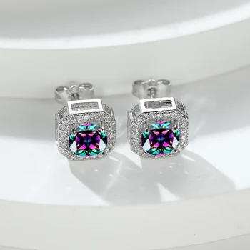 Geometric Yellow Pink Purple Red Blue Black Green Stone Square Stud Earrings For Women Silver Color Round Zircon Studs Jewelry