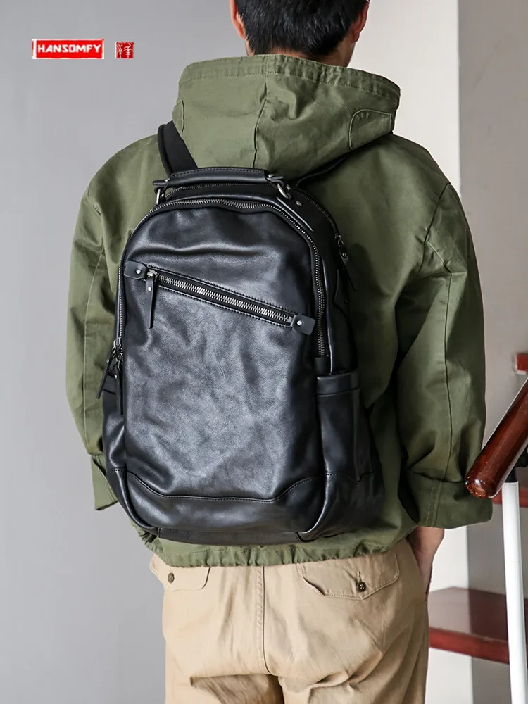 GenuineLeatherLargeCapacityMensBackpackSchoolbagVegetable