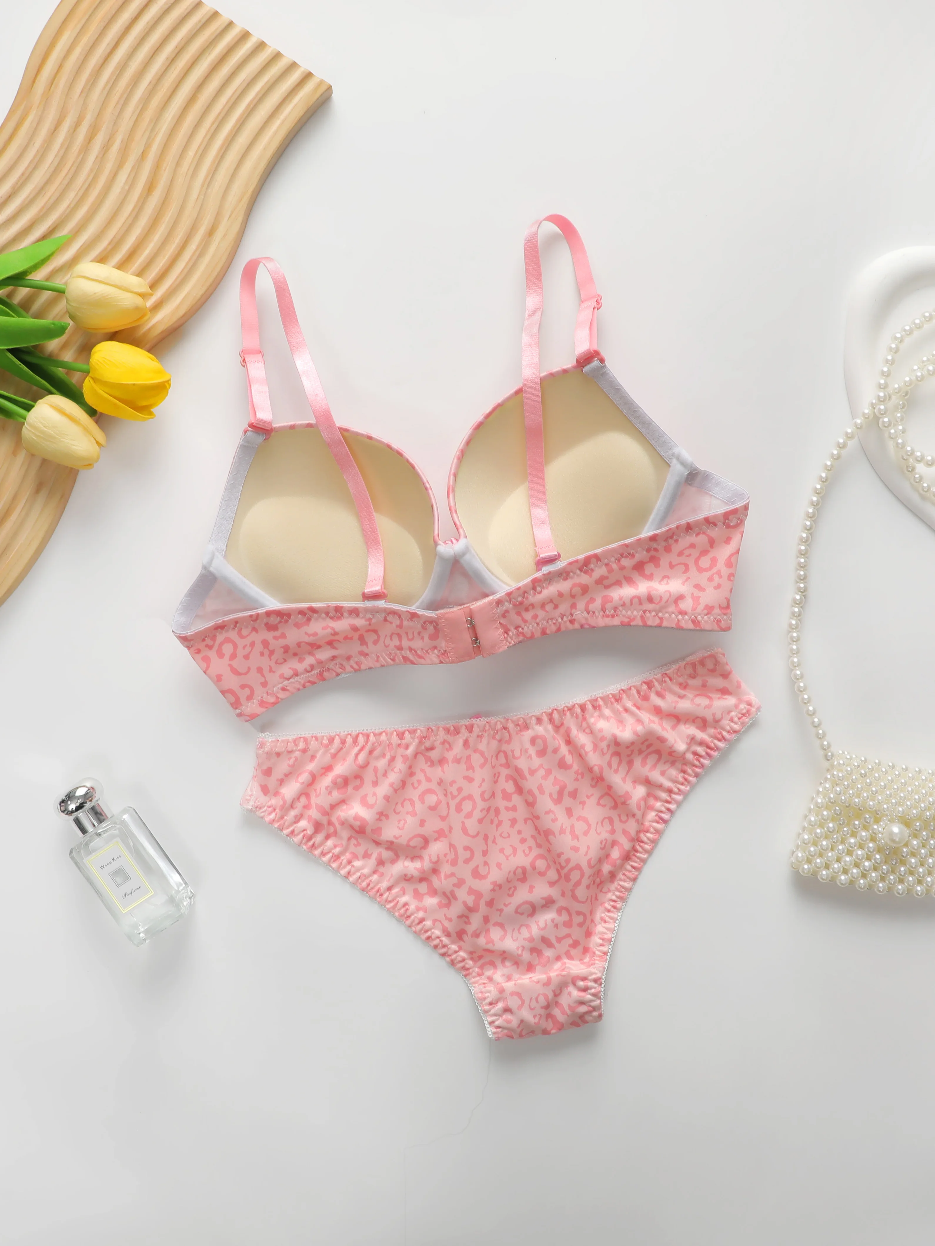 Ensemble de Lingerie Sexy pour femmes, imprimé léopard rose, anneau en acier, soutien-gorge Push Up et ensemble de sous-vêtements, A2135