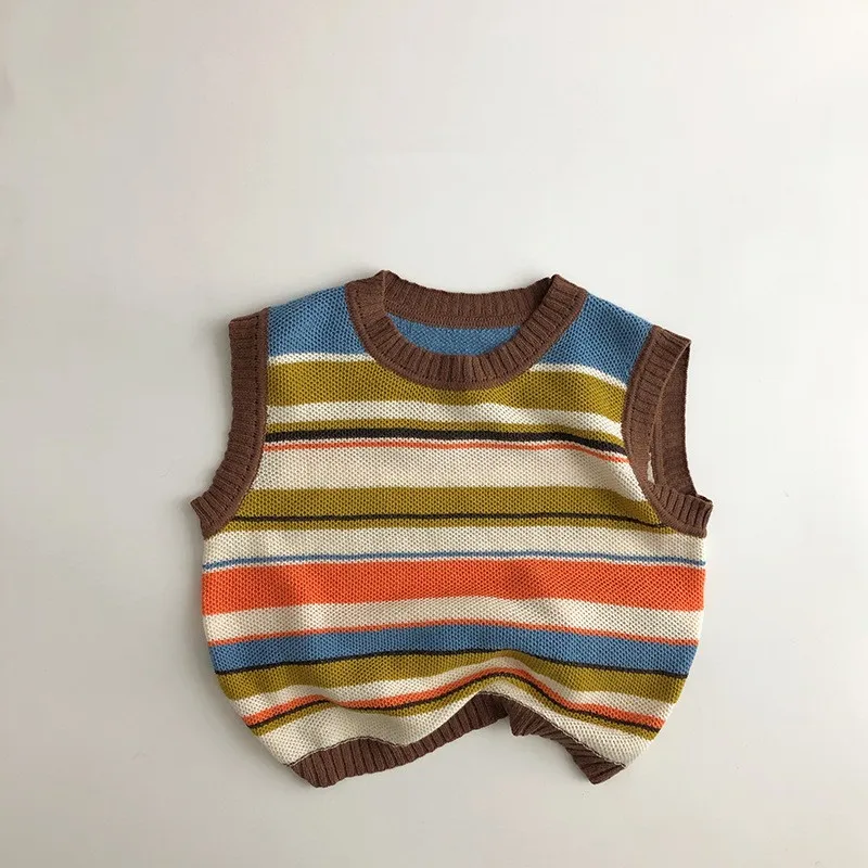 

2024 Summer New Children Sleeveless Knit Vest Cotton Boys Girls Rainbow Striped Vest Baby Loose Casual Tops Kids Toddler Clothes