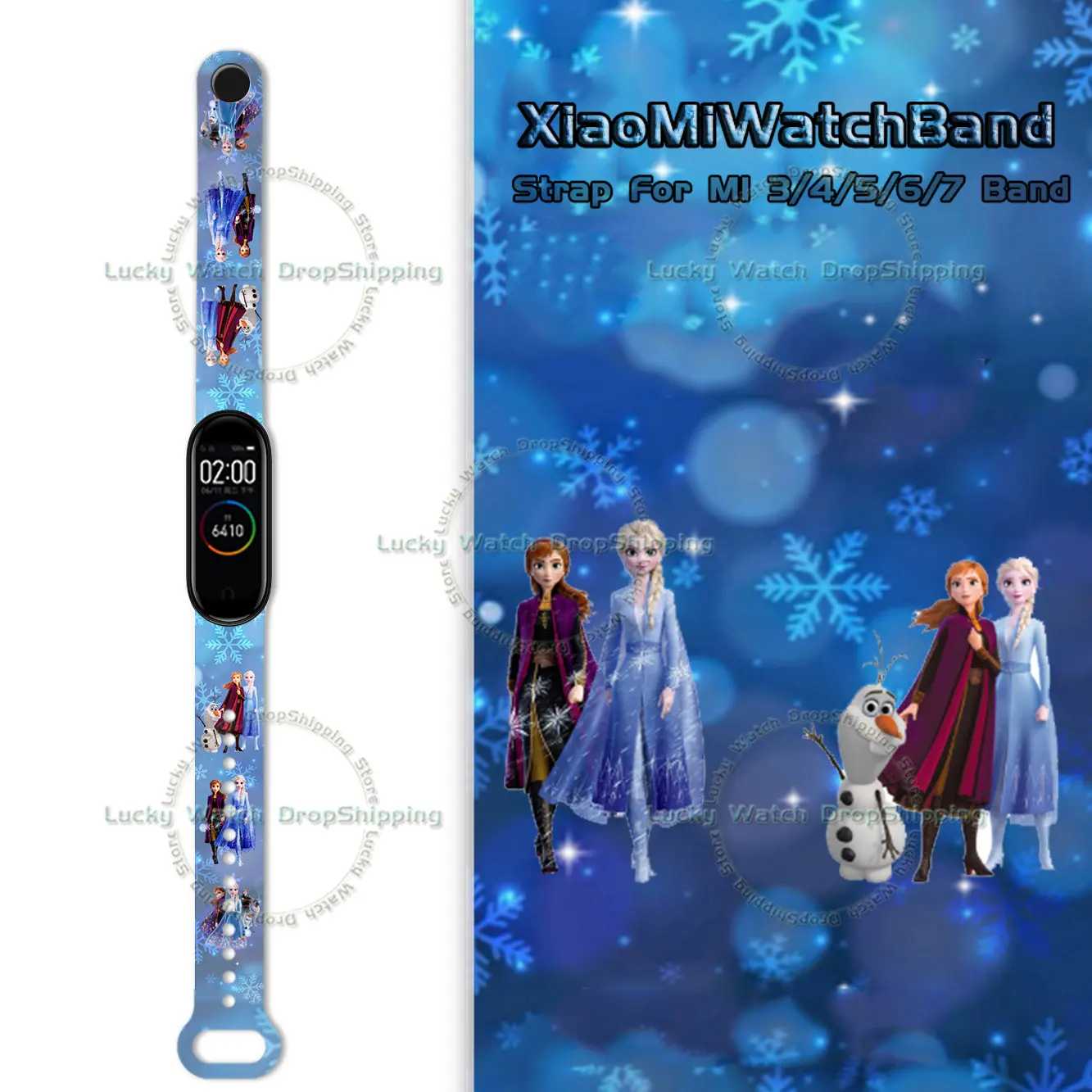 Disney Frozen Elsa Princess Strap Anime Is Suitable for Xiaomi 3/4/5/6/7NFC Mi Band Mickey Printing Wristband Birthday Gifts