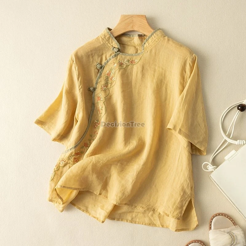 chinese ethnic style women tea clothing vintage literature art temperament blouse new exquisite embroidery cotton linen top women chinese shirt