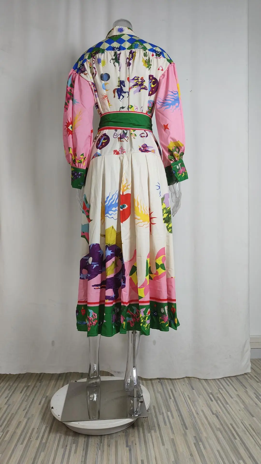 Feminino retro impresso a linha vestido longo elegante lanterna manga lapela camisa plissado vestidos de festa feminino primavera grande bainha vestido 22 S423b93a6a90e471598e5af8a63e4f13dW