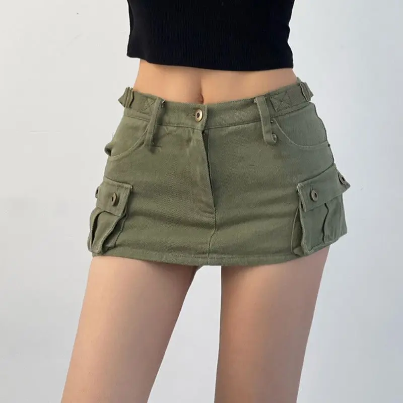 DEEPTOWN Denim Cargo Mini Skirt Women Korean Style Low Waist Slim Sexy Vintage Streetwear Green Jean Skirt Y2k Girl Summer