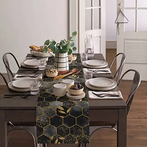 Abstract Black Marble Honeycomb Linen Table Runners Kitchen Table Decors Washable Dining Table Runners Holiday Party Decoration