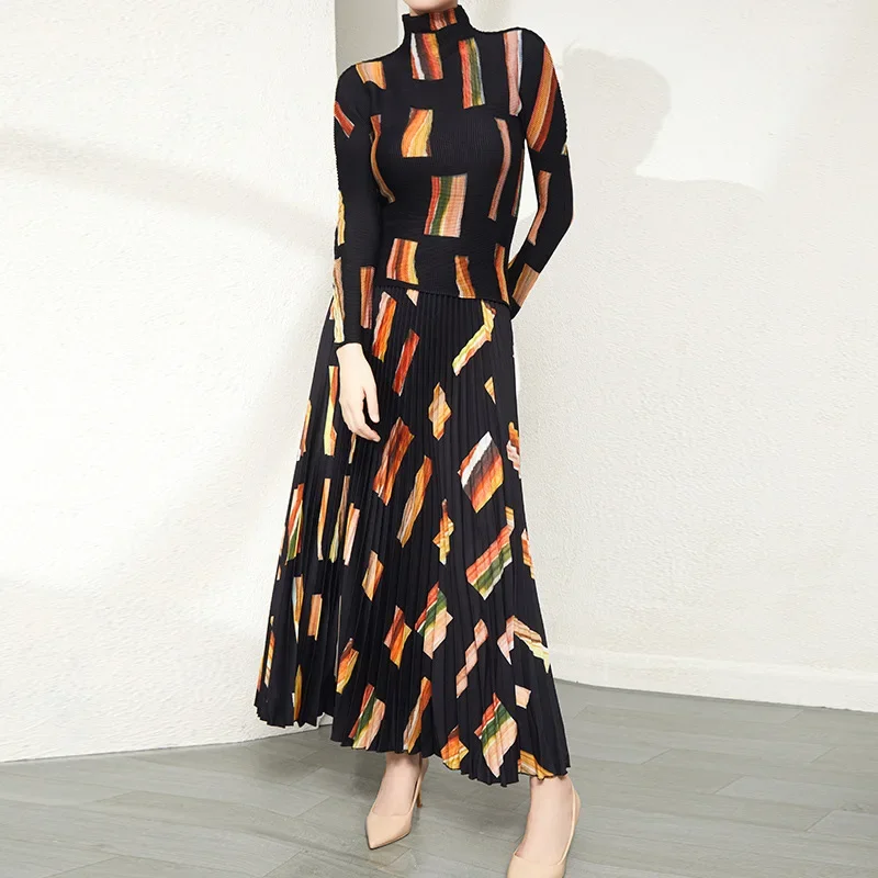 

Spring 2023 New Miyake Pleated Fashion Loose Meat Covering Top Pleated Half Skirt Set Two Piece Elegant Women's Clothing