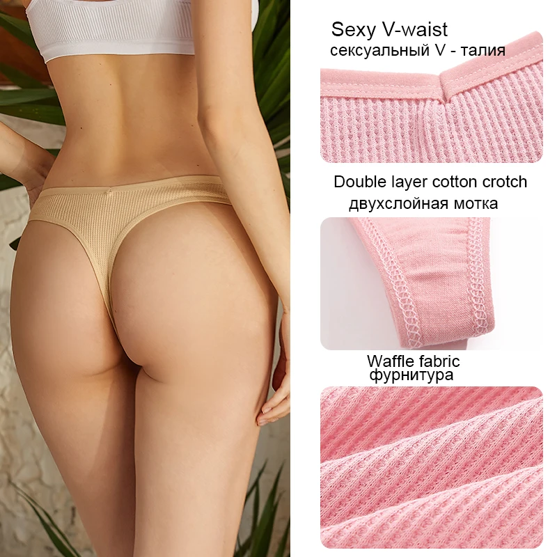 FINETOO 3PCS/Set G-string Panties Waffle Cotton Women's Underwear Sexy  Panties Female Underpants Thong V-Waist Pantys Lingerie