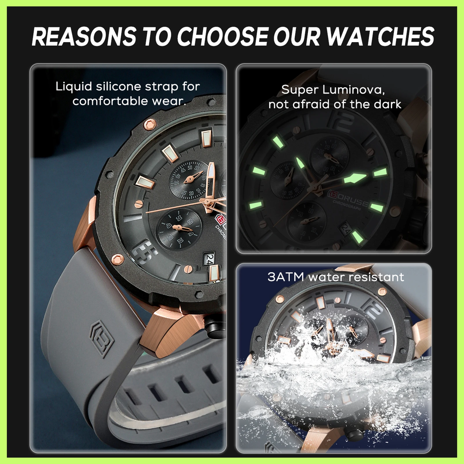 BORUSE Luxury Military Sport Watch For Man Men Quartz Watches Waterproof Luminous Date Wristwatch Male Chronograph Clock