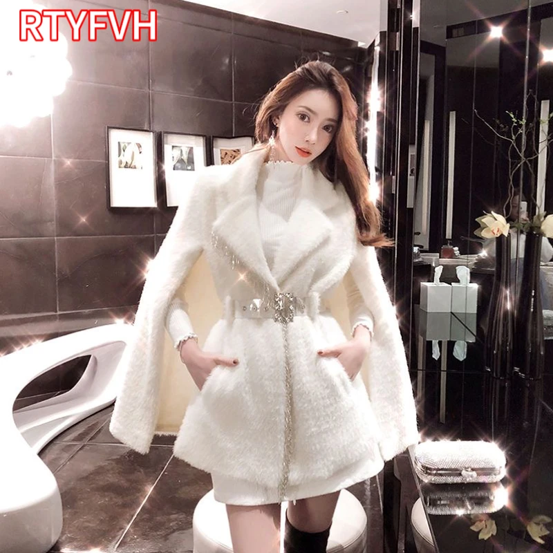 

Autumn Winter New White chic Beaded Elegant Warm Velvet Faux Fur Cloak Jacket For Women Bat Streetwear Abrigos Mujer Invierno