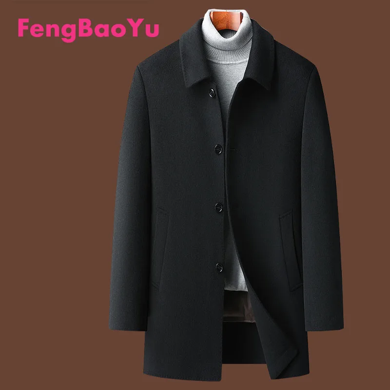 

Fengbaoyu Autumn Winter Men's Double-sided Cashmere Coat 100% Wool Down Inner liner Middle-aged Elderly Lapel Thick Coat Warm