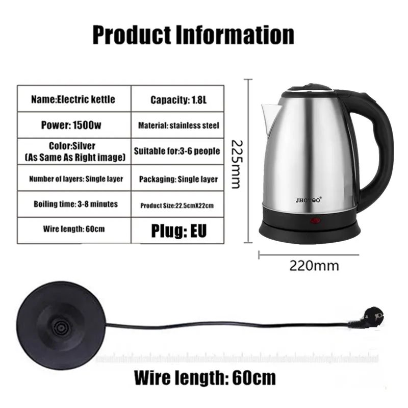 1.8L 220V Stainless Steel Electric Kettle Silver Black Base Separation Desion Rust-resistant Durable for Home During Travel 5