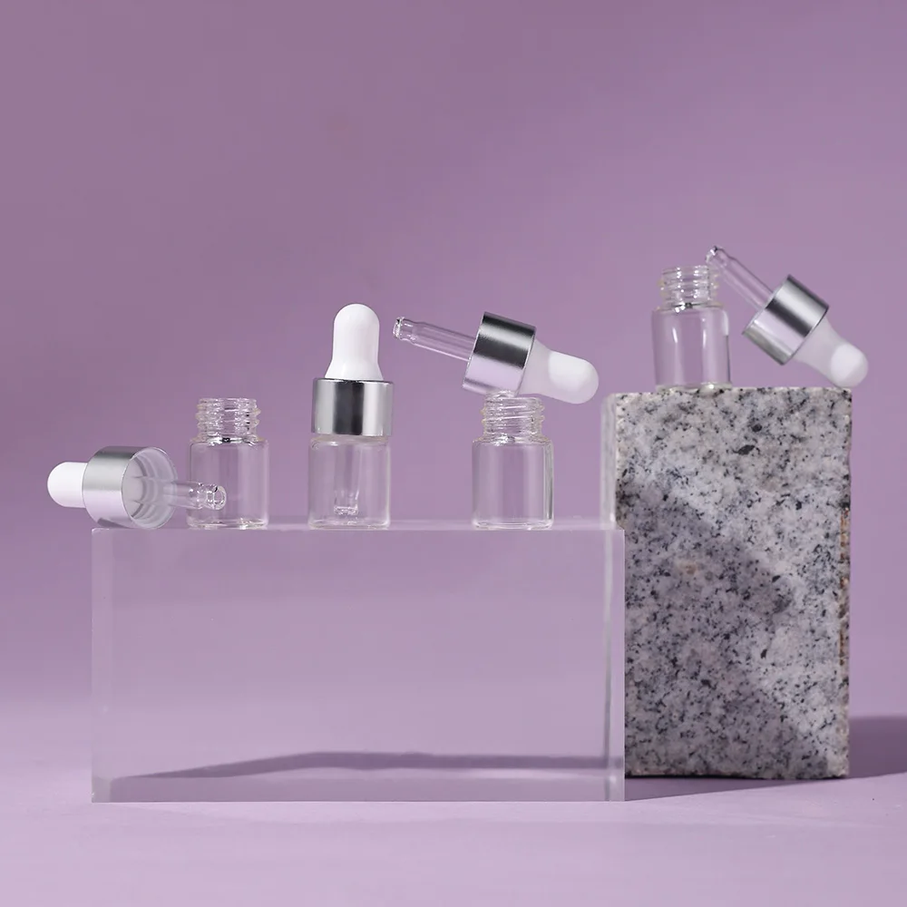 100pcs 2ml Silver Glass Dropper Bottles Empty 20 Funnels 20 Droppers Reusable Leakproof for DIY Perfume Essential Oils
