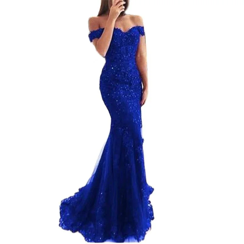

Mermaid Tulle Apllique Beading Boat Neck Evening Dresses Bridesmaid Formal Prom Pageant Wedding Party Floor Length Lace Up Back