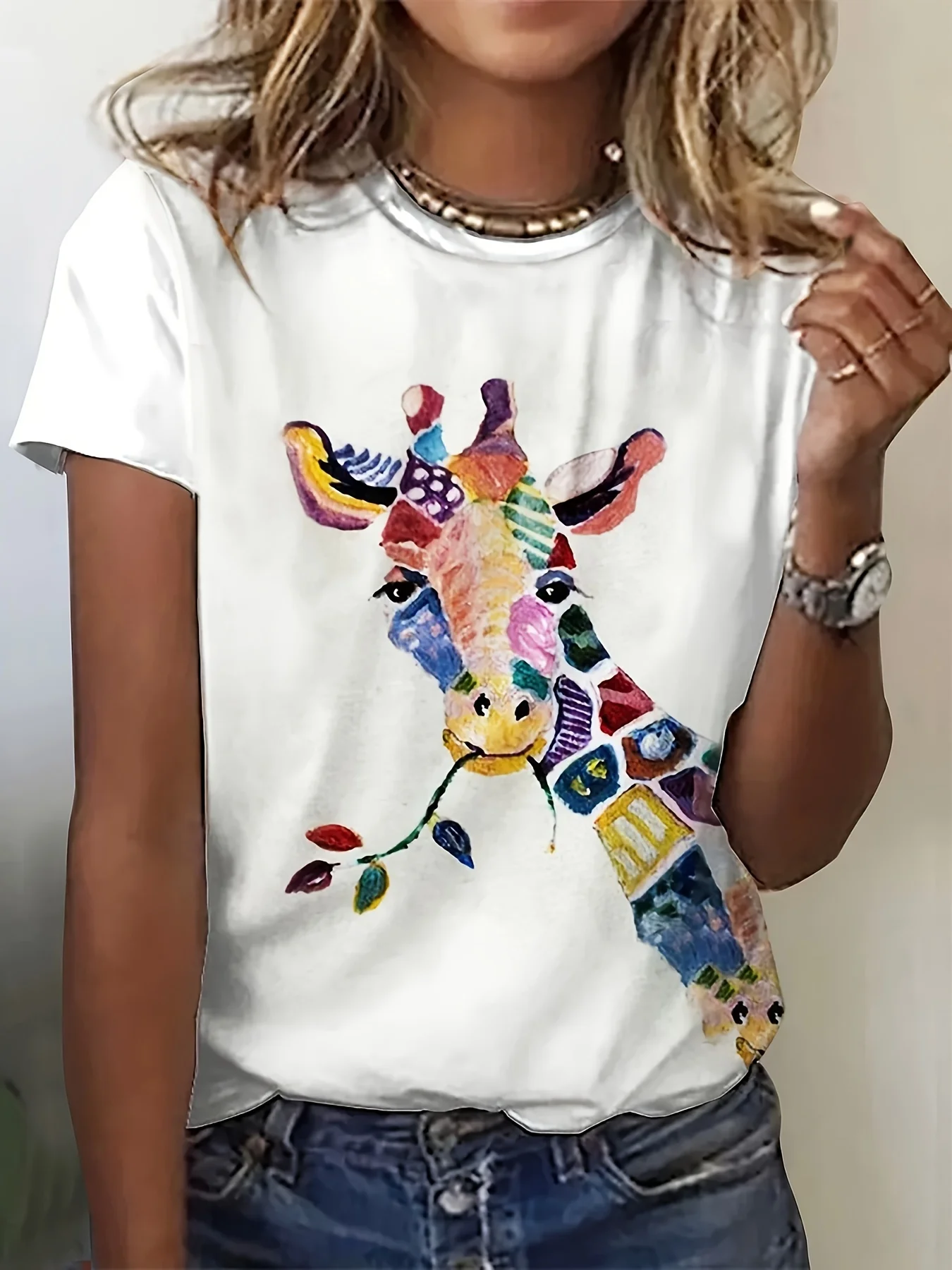Colorful Abstract Giraffe Women's Tee - Vibrant Patterned Graphic, Artistic Animal Print for Casual Daily Wear 1