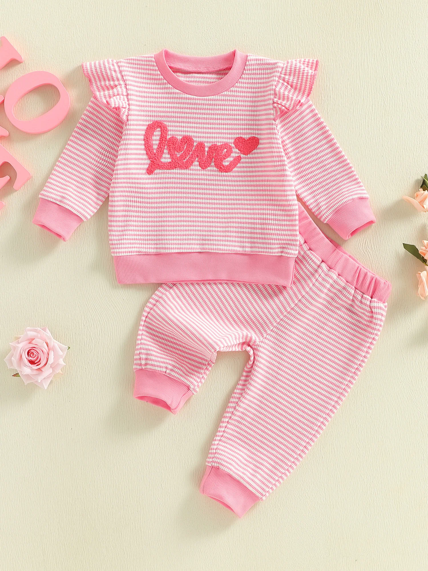 Valentine s Day Toddler 2 Piece Set with Heart Print Long Sleeve Top and Elastic Waist Pants - Adorable Outfit for Your Little