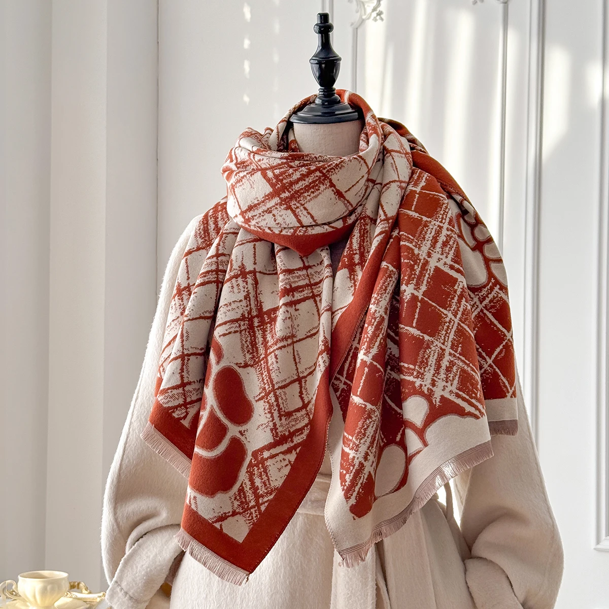 Brand Fashion Women's Winter Cashmere Wrap - Vintage Oil Painting Floral Printed Tasseled Pashmina Thick Shawl, Scarf & Echarpe