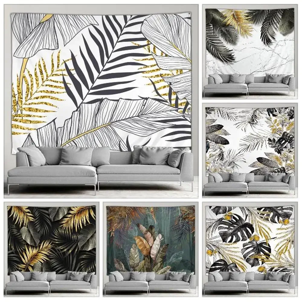 ใบปาล์มพืชเขตร้อนพรมกลางแจ้งพืชสีเขียวทองงานศิลปะห้องรับแขกห้องนอนจิตรกรรมฝาผนังฉากหลังของตกแต่งโต๊ะ 1