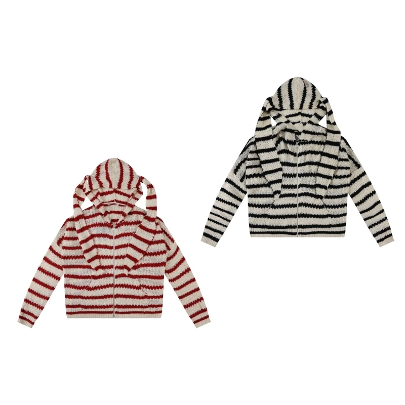 

Casual Loose Hoodie Aesthetic Sweater Coat Y2k Hollow Out Knitted Hooded Fashion Women Cardigan