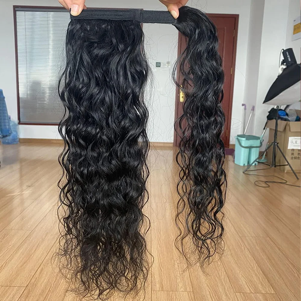 Water Wave Ponytail Extensions Human Hair Magic Paste Natural Black Ponytail Brazilian Wrap Around Hair Extensions for Women