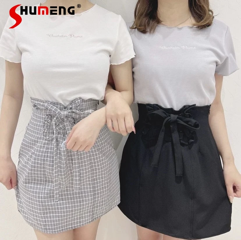 Sweet Plaid Lace Up Short Skirt for Women 2024 Spring New Japanese Elegant Back Elastic Waist Drawstring Tied High Waist Skirts