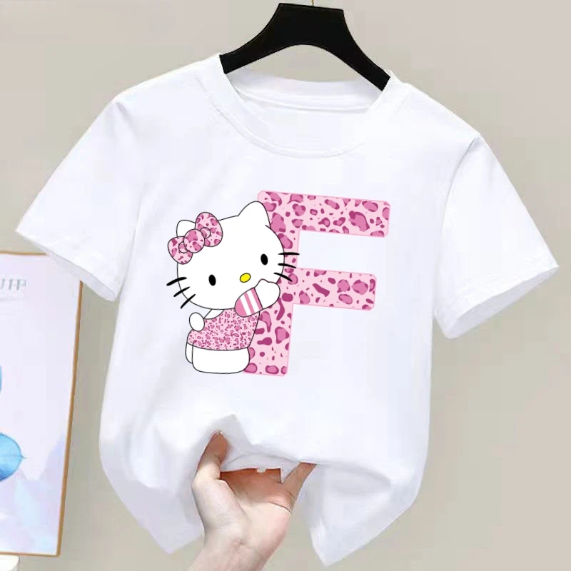 Hello Kitty Letter A-Z Children's Cotton Short-sleeved Top Sanrio Summer T-shirt Girly Heart Soft Clothes Kawaii Birthday Gift 6