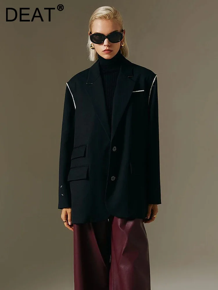 

DEAT Fashion Women's Woolen Blazer Notched Contrast Color Single Breasted Irregular Wool Suit Jackets Winter 2024 New 7AB2122