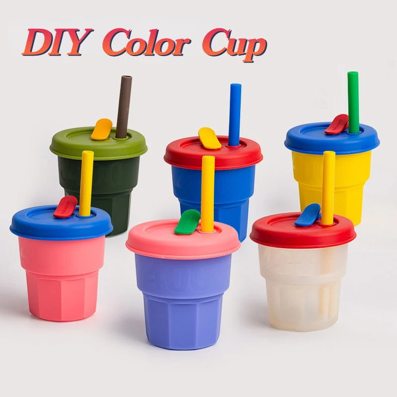 

DIY Color Silicone Coffee Cup Microwave Heating Mug Multicolour Glasses with Lid and Straw Children Cups Tumbler Drinkware Gift