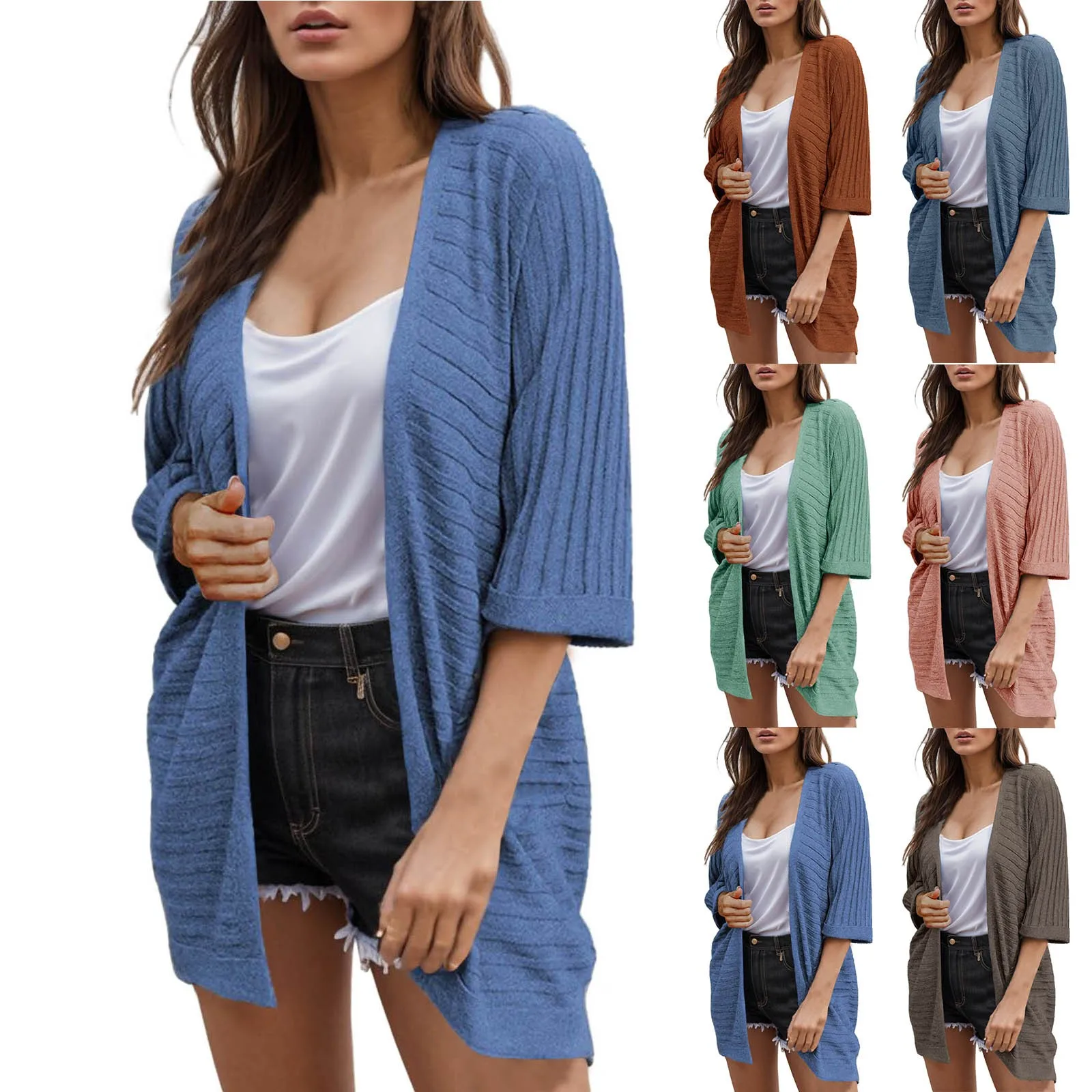 

Women's 3/4 Short Sleeve Cardigan Casual Open Front Kimono Lightweight Button Blouses Tunics Baggy Vintage Print office lady