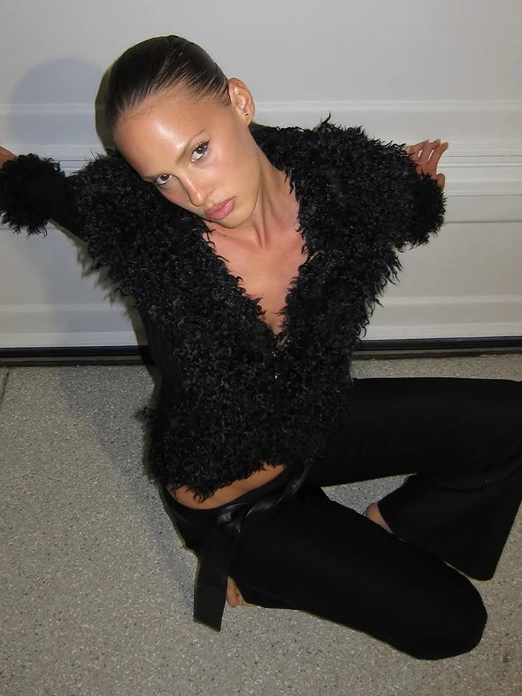 Nibber Patchwork Knit Fluffy Cardigan Women v-Neck Winter Trend Full Sleeve Street Sexy Midnight Skinny Wild Classic Crop Tops