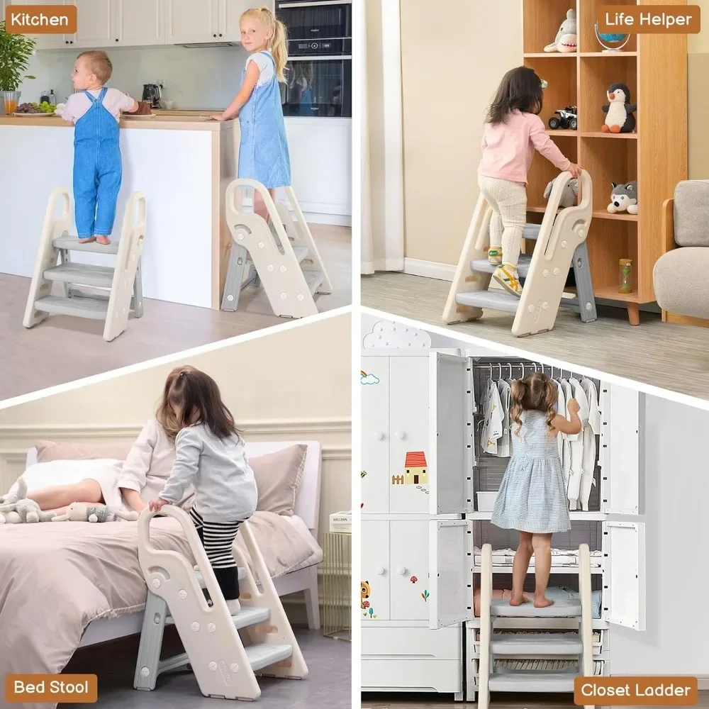 Foldable Step Stool for Bathroom Sink, Adjustable 3 Step Stool for Kids Toilet Potty Training with Handles, Child