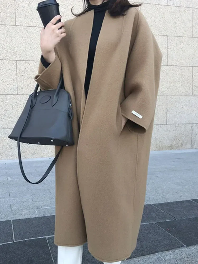 Elegant Woolen Coat for Women Streetwear Casual Korean Fashion Jackets Solid Pockets O Neck 2024 New Autumn Winter Coats