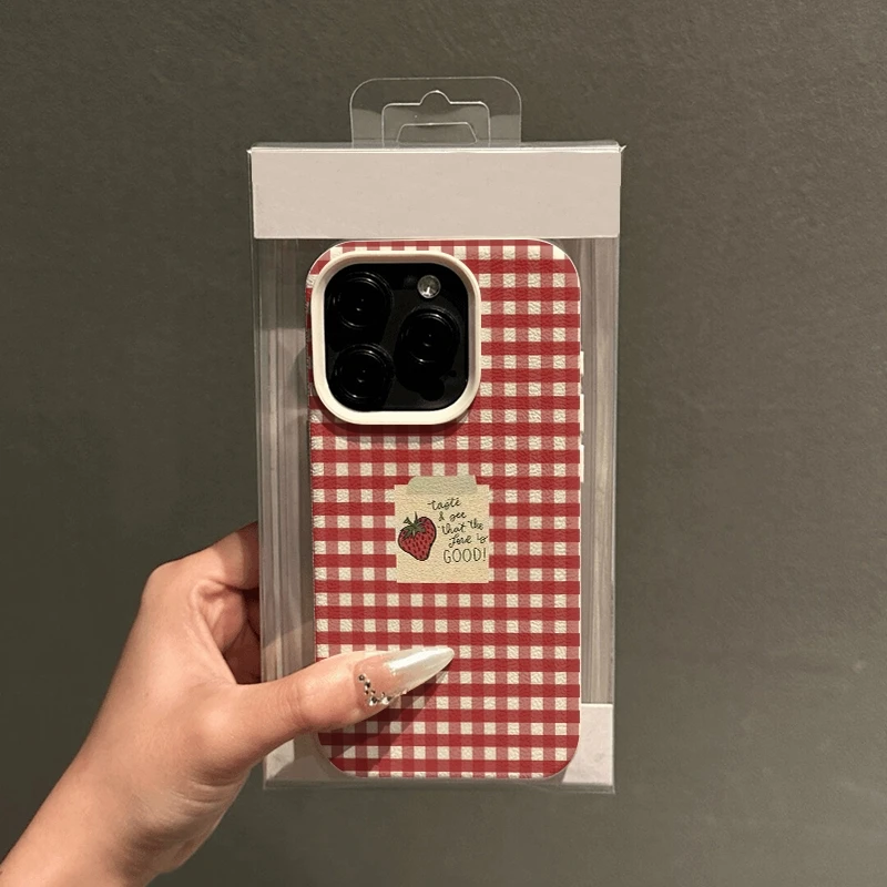 Red Grid Strawberry Pattern Phone Case - Stylish Bumper Cover