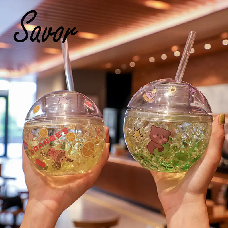 

Creative Spherical Water Bottle With Lid Straw Kawaii Cute Sticker Plastic Shake Ice Cup Kids Sippy Drinking Water Cup Girl Gift
