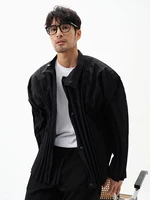 Miyake Pleated Men's Clothes Designer Style Zipper Button Pleated Stand Collar Jacket 1