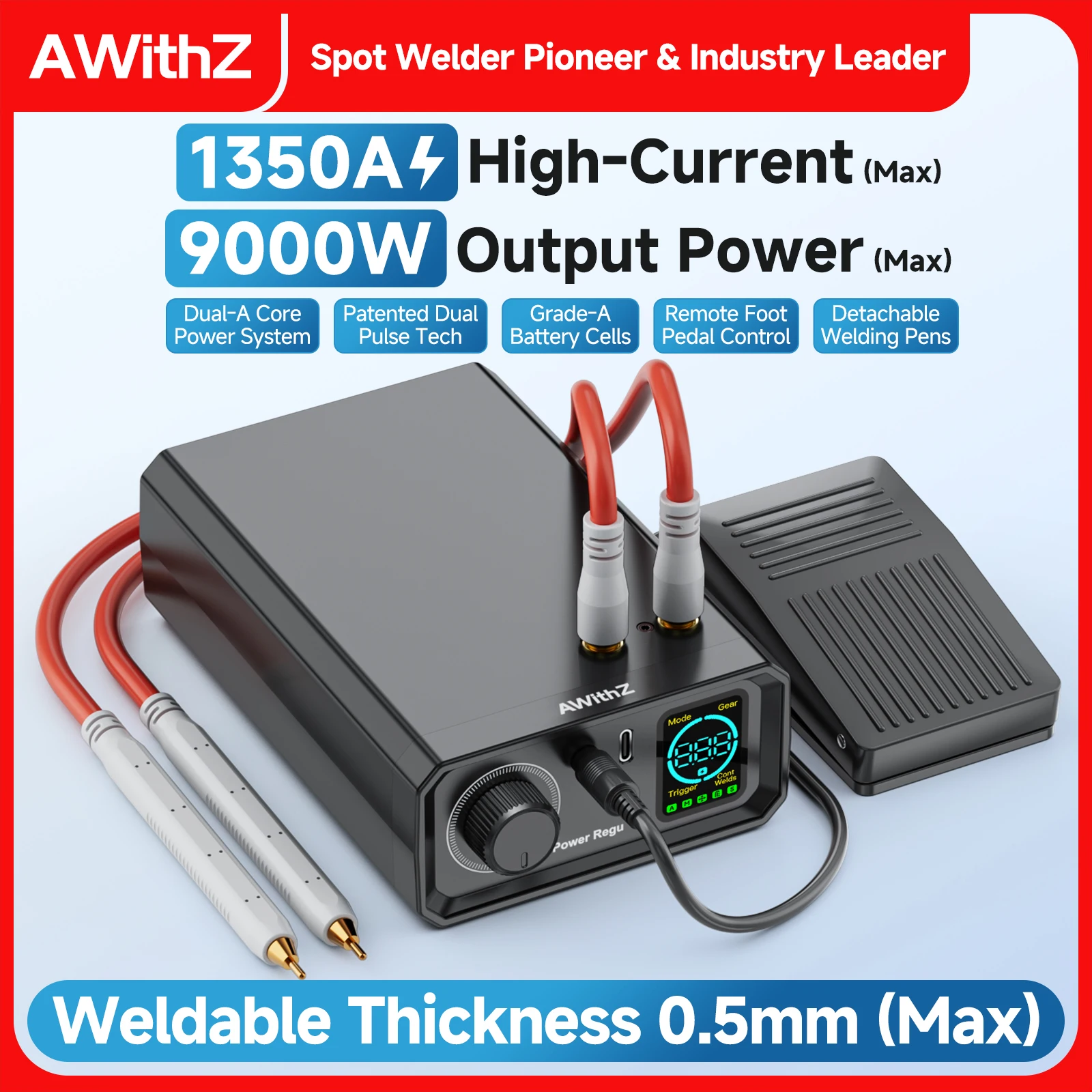 AWITHZ Spot Welder High Power Portable Pedal Welding Machine 9000W, 1350A Adjustable Welder for DIY 18650 Battery